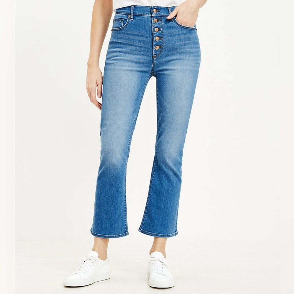 NWT LOFT Kick Flare Button Fly Crop Jeans in Bright Mid Indigo Wash Size 24 NEW